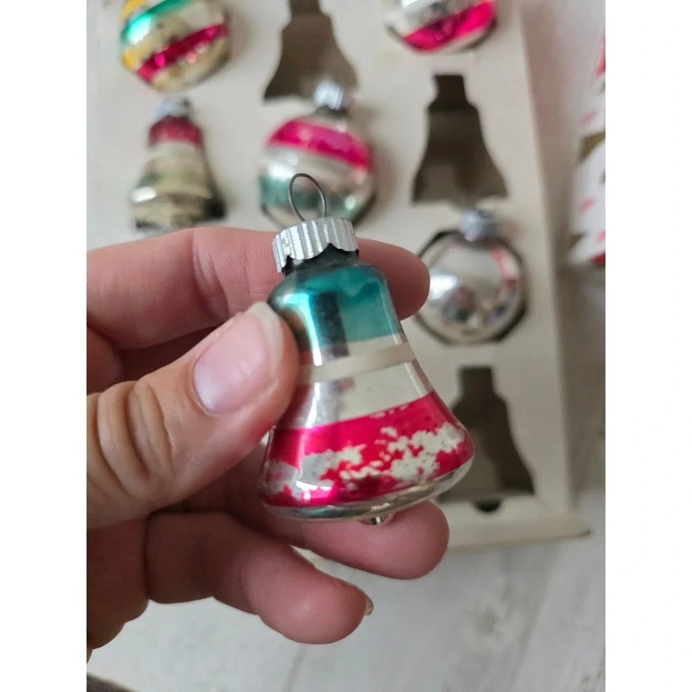 Vintage shiny Brite ornament set Bell striped pink green red box Xmas tree